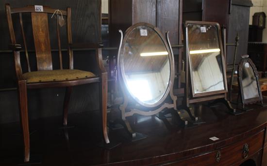 Childs marquetry-inlaid mahogany open arm chair & 3 toilet mirrors, various